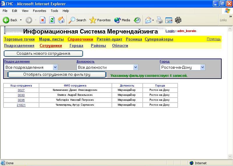 Список сотрудников ( мерчандайзеров ) в системе автоматизации мерчандайзинга ИСМ-Т